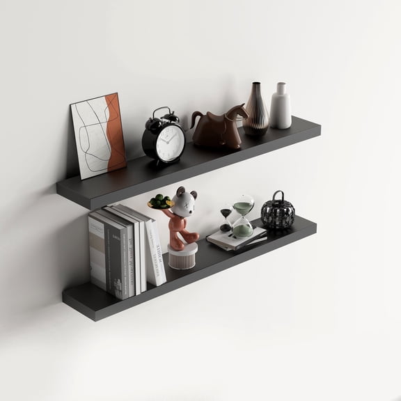 FurnitureR 31.5" Floating Shelves Set of 2, Modern Black Wall Mounted Shelves with Hidden Brackets, Long Floating Bookshelf for Living Room, Bedroom, Bathroom and Kitchen