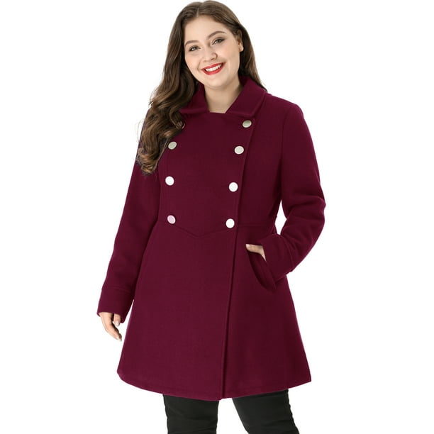 Women's Plus SizeLine Turn Down Collar Double Breasted Coat Burgundy 4X