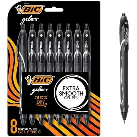 BIC Gelocity Quick Dry Black Gel Pens, Medium Point (0.7mm), 8-Count Pack, Retractable Gel Pens With Comfortable Full Grip