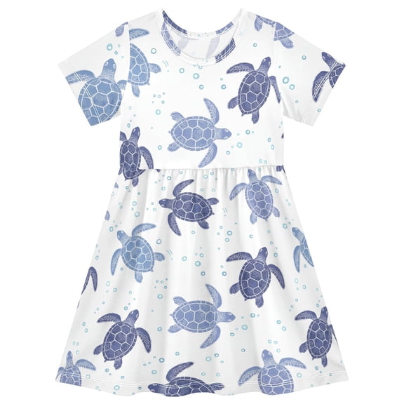 Sea Turtle Blue Sea Animal Short Sleeve Dress A-Line Cute Midi Casual Sundress 2-8 Years