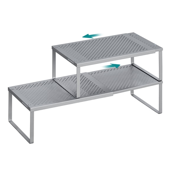 SONGMICS Spice Racks, Set of 2 Expandable Kitchen Countertop Shelves, Small Cupboard Organizers, Metal, Space-Saving Tabletop Shelves, Silver