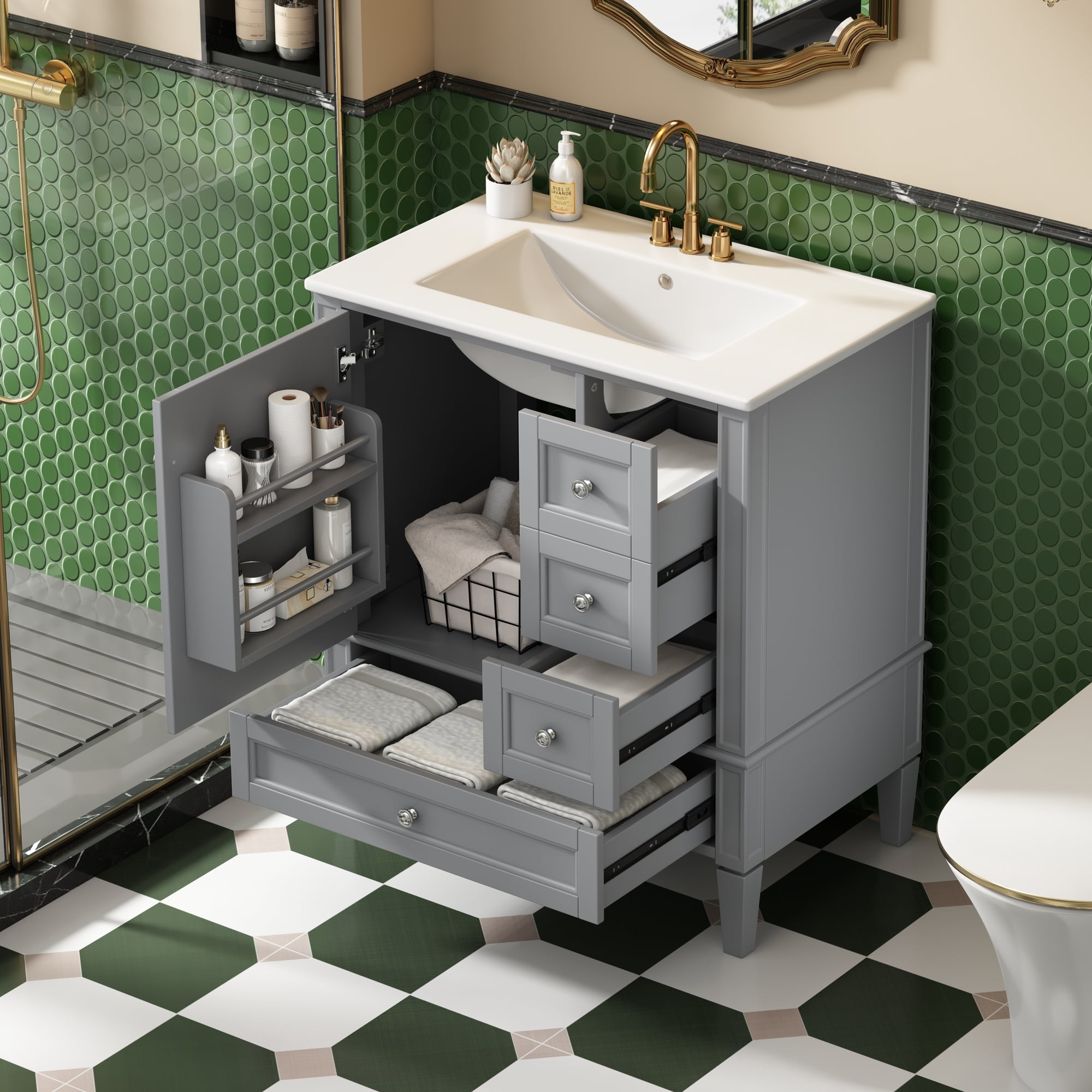 Euroco 30 Inch Bathroom Vanity with Ceramic Sink, Grey Bathroom with 3 Drawers, Solid Wood Frame Modern Bathroom Storage Cabinet , Ideal for Home