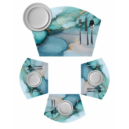 Turquoise Gold Marble Round Placemats Set of 2, Abstract Teal Modern Geometric Placemats for Round Dining Table Shape Wedge Placemats for Outdoor Indoor Wipeable Clean Table Place Mats