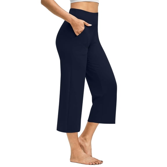 Womens Capri Pants Casual Wide Leg Yoga Pants Crossover Capri Leggings with Pockets High Waist Dress Pant Navy S