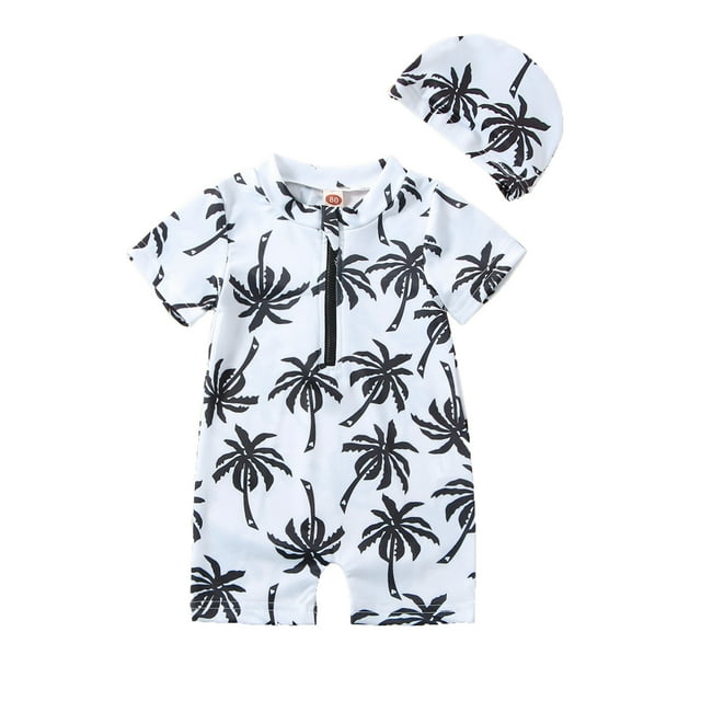 Infant Baby Boy Swimsuit One Piece Swimwear Cute Shark Coconut Tree Print Zipper Rashguard Beach