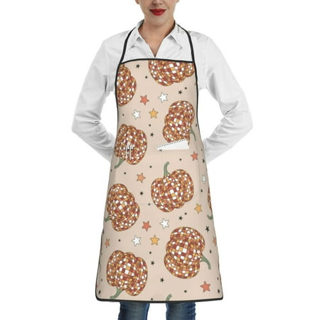 

Pofeuu Groovy Disco Pumpkin Print Aprons with Pockets Cute Aprons for Kitchen Cooking Server Barber Chef Apron