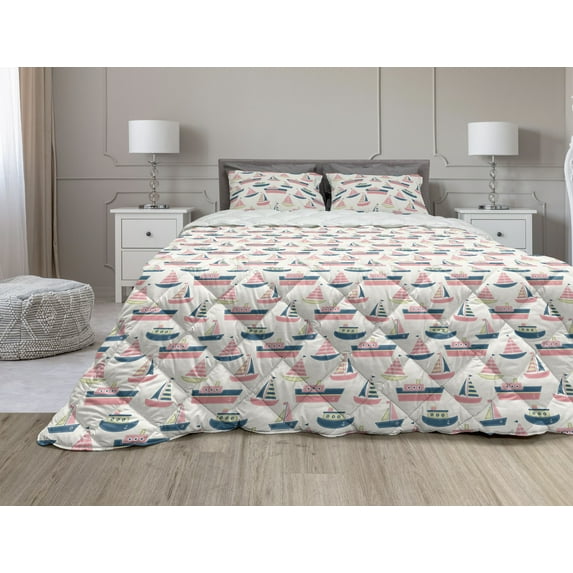 Sailing Comforter & Sham Bedding Set, Pattern of Little Ship Boat Yacht Submarine Marine Love for Cartoon, 3 pcs Duvet Set Microfiber Filling Quilt, 5 Sizes, Multicolor, by Ambesonne