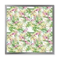 Designart 'Yellow Flowers, Tropical Foliage With Flamingo II' Modern Framed Art Print