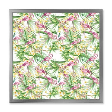 Designart 'Yellow Flowers, Tropical Foliage With Flamingo II' Modern Framed Art Print