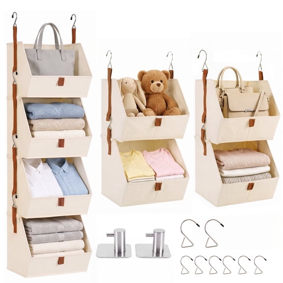 Yucurem 4-Tier Hanging Closet Organizer with 10 Hooks, Trapezoid Storage Bin with Leather Handle, Detachable Closet Storage Basket for Bedroom Dorm