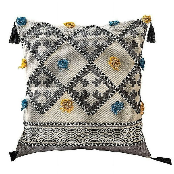 Funda de cojín bohemia de lino para sofá, estilo étnico con borlas (45 x 45 cm)