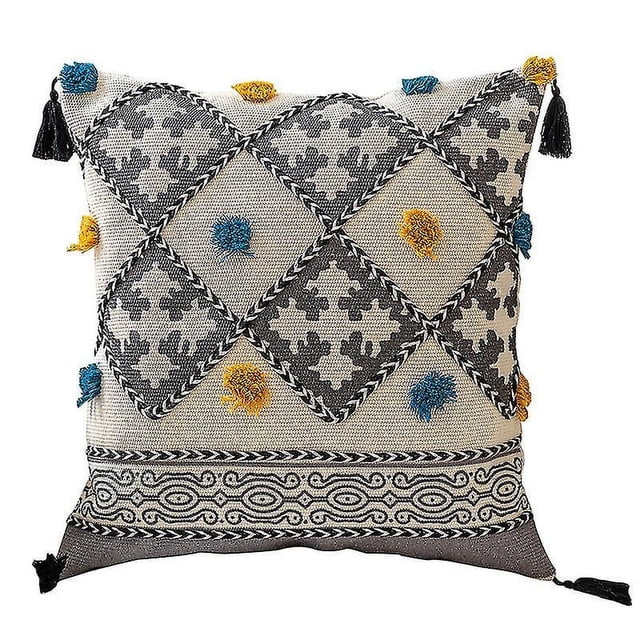 Funda de cojín bohemia de lino para sofá, estilo étnico con borlas (45 x 45 cm)