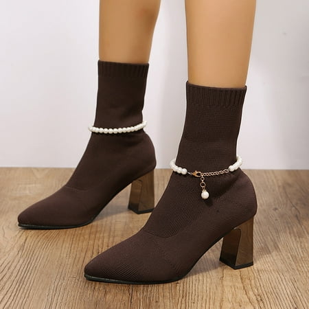 

Ladies Fashion Solid Color Breathable Knit Pearl Chain Pointed Toe High Heel Short Boots