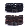 thumbnail image 1 of JM Juego de pulseras de cuero para hombre de 6 piezas (negro y marrón) con bordes curvos, cuentas de madera con borlas, dijes religiosos étnicos y tribales JM, 1 of 5