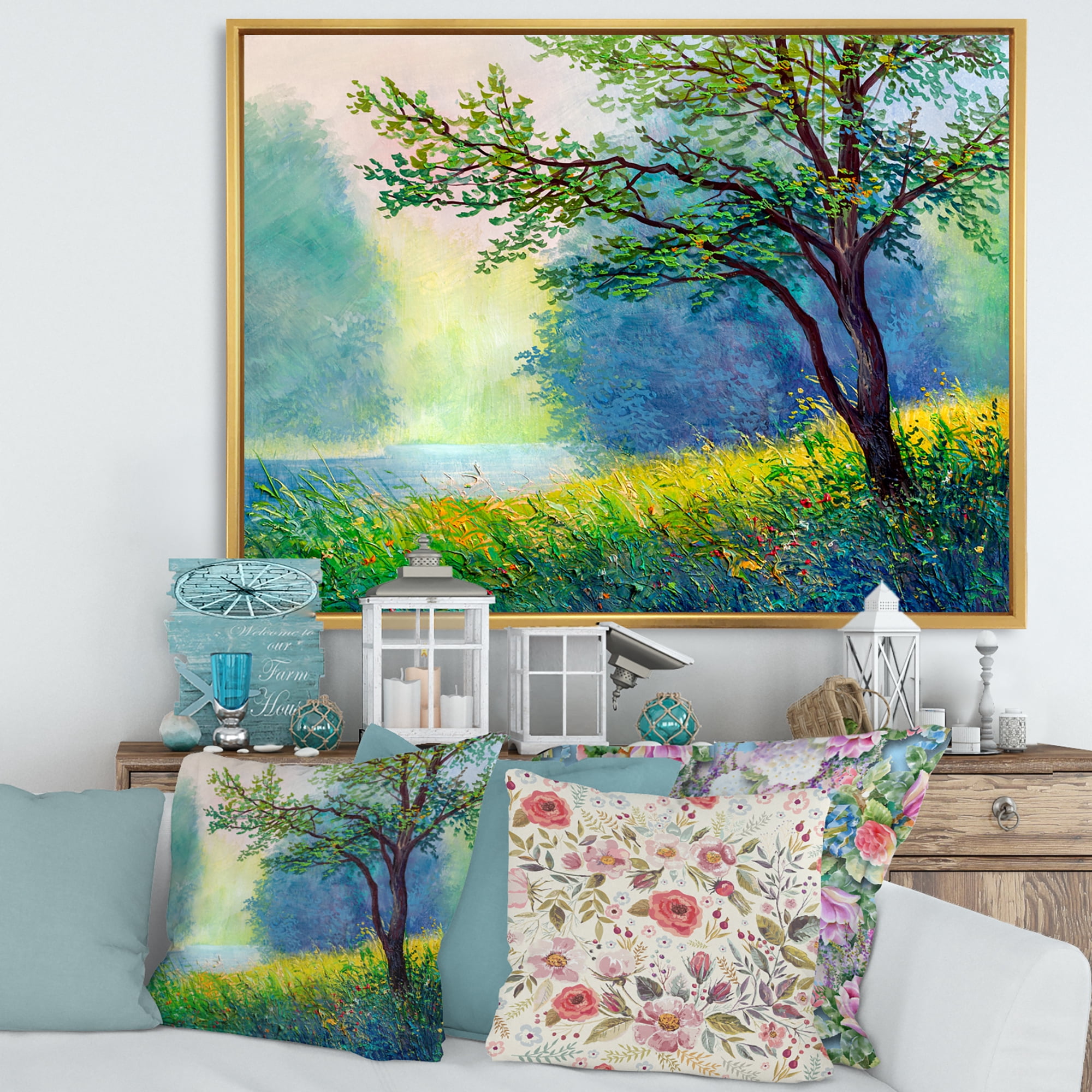 Designart 'Summer Forest With Waterfall and River ' Traditional Framed Canvas Wall Art Print