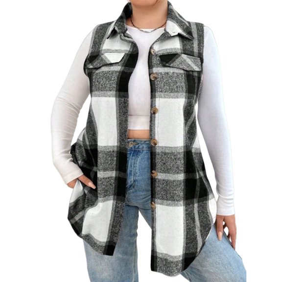 Womens Plaid Vest Coat Casual Button Down Shirt Lightweight Sleeveless Vest Lapel Jacket Fall Winter Coat Outerwear