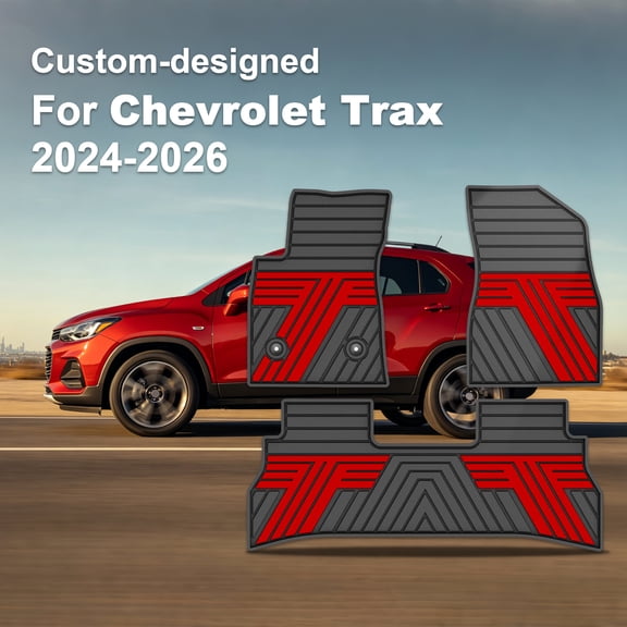 Custom Fit All Weather Rubber Car Floor Mats For Chevy Chevrolet Trax 2024 2025 2026, Full Set 1st & 2nd Row Anti-Slip Waterproof Automotive Floor Liners, Black with Red Trim Car Interior Accessories