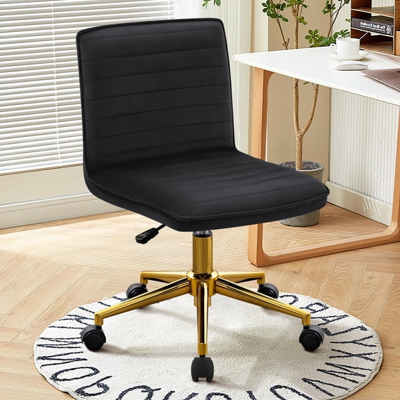 Black Velvet Office Chair, Adjustable Height Armless Desk Chair with Gold
