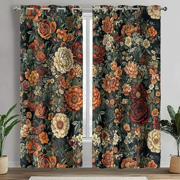 Boho Floral Blackout Curtains For Bedroom, Vintage Flower Chic Tropical Leaves Darkening Grommet Curtains, Modern Bohemian Abstract Window Drapes For Living Room 53"W x 63"L (Pack of 2)