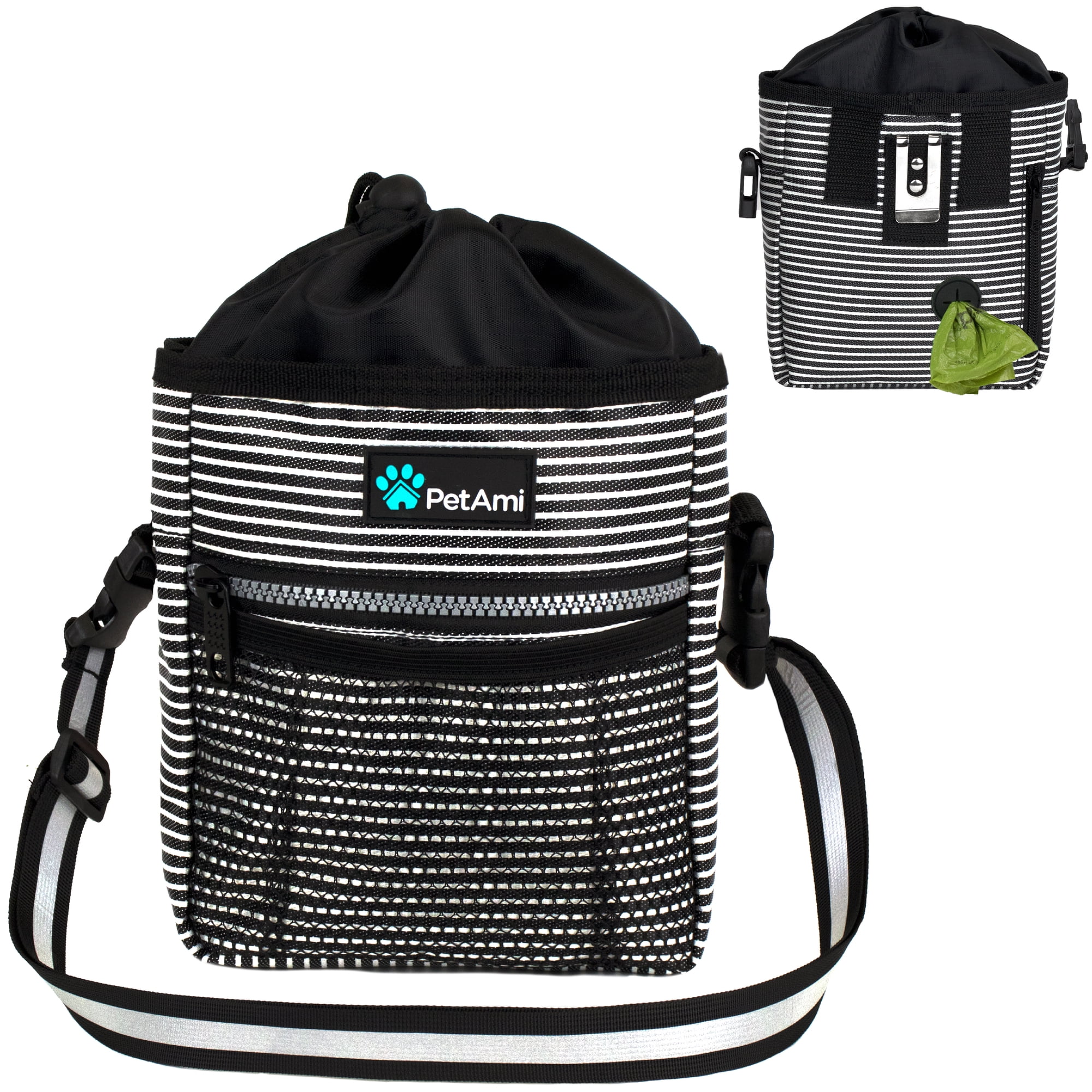 PetAmi Dog Treat Pouch, Pet Treat Pouch For Training, Dog Walking Bag Holder for Kibbles, Pet Food Toy, Dog Trainer Essentials Supplies, Poop Bag Dispenser, 3 Ways to Wear (Black Stripes)