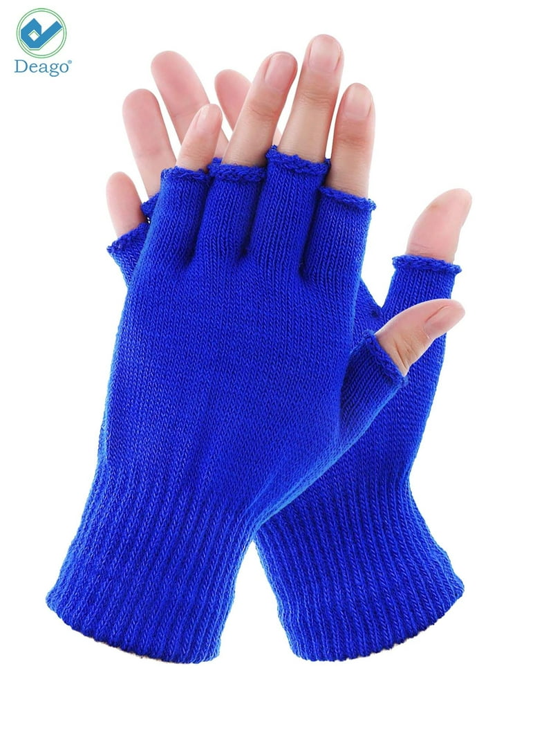 Satinior Half Finger Gloves - Stretchy Knit Fingerless Gloves For Men & Women (Blue, 2 Pairs)