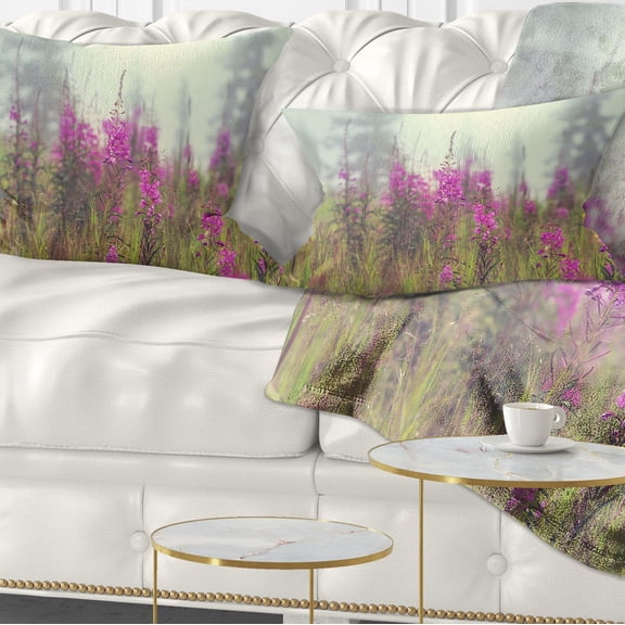Designart Purple Summer Flowers in Foggy Field - Floral Throw Pillow - 12x20
