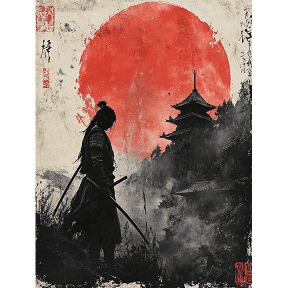 Samurai Sunset Canvas Art Print， Suitable for Living Room， Bedroom， Office， Study， and Meditation Room Decoration.