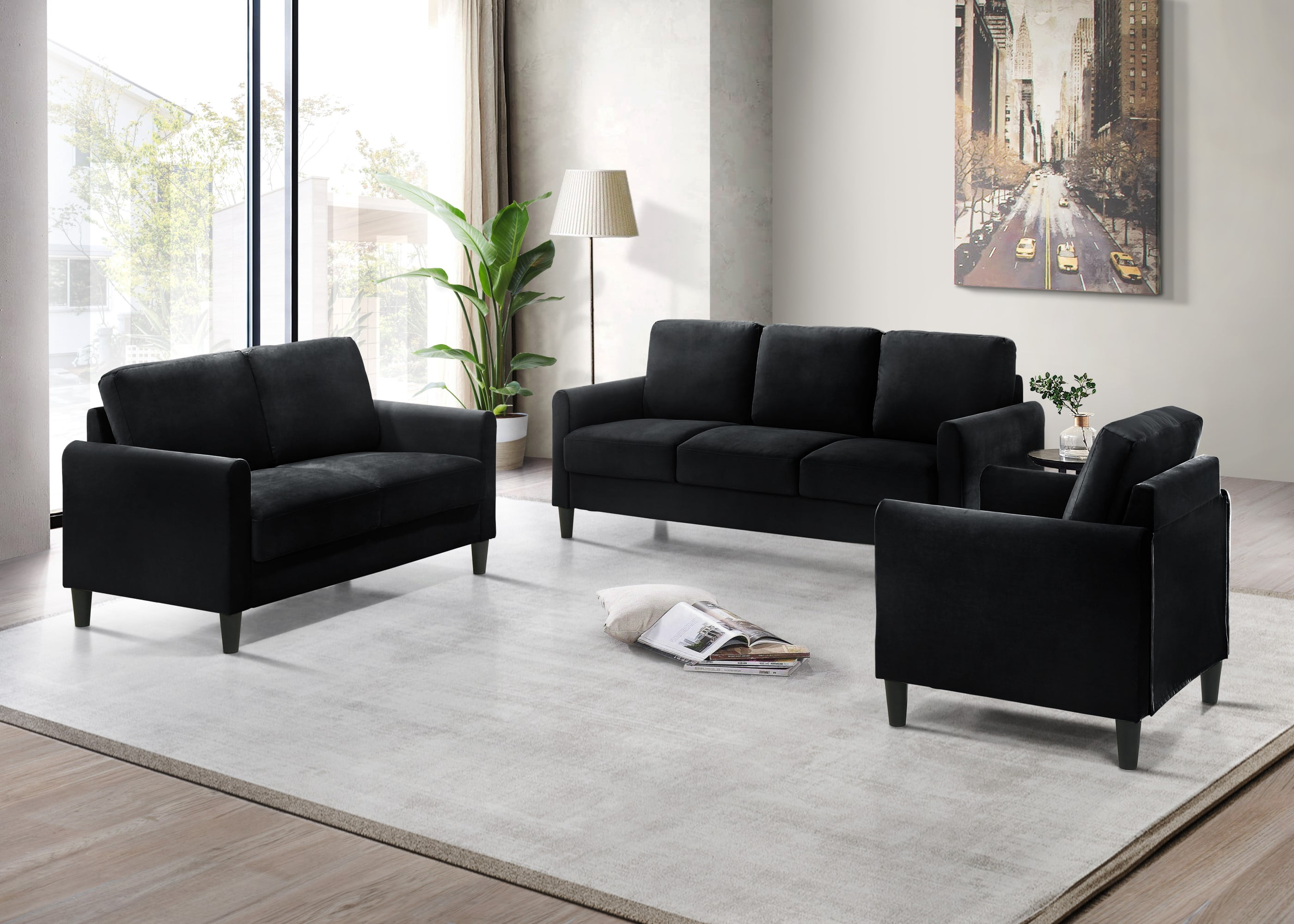 Home Design Airell Velvet Arm Chair with Plush Armrests and Sleek Black Legs, Modern Upholstered Design for Living Room, Black