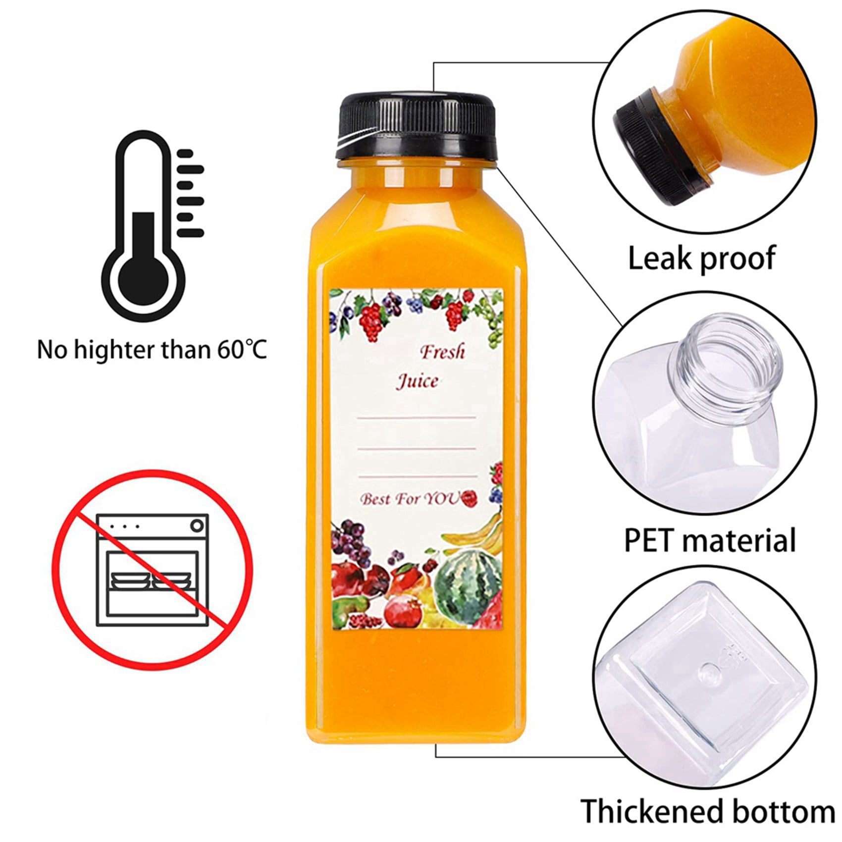 40Pcs 12oz Empty Plastic Juice Bottles with Caps,Reusable Water Bottles, Clear Containers with Black Tamper Evident Lids