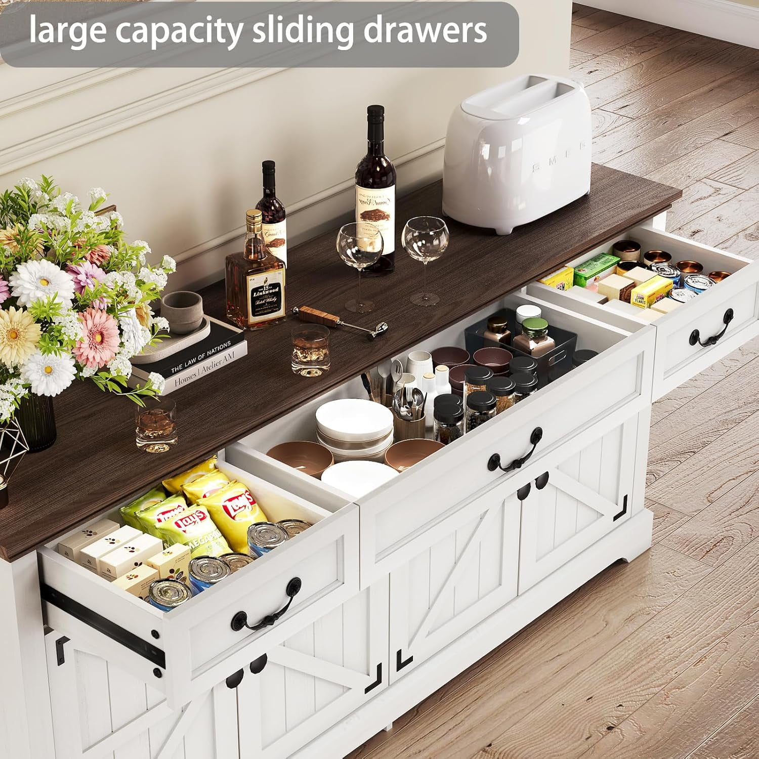 Farmhouse Sideboard Buffet Cabinet with Storage, 64.6'' Large Kitchen Storage Cabinet with Barn Doors Drawers, Wood Coffee Bar Table for Dining Room Living Room, White & Brown