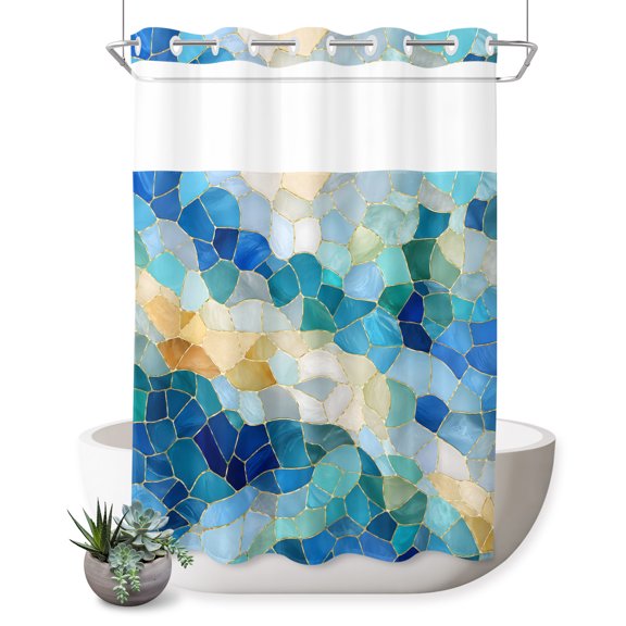 No Hook Shower Curtain, Blue Green Geometric Shower Curtains for Bathroom with See Through Top Window, Stained Glass Abstract Chic Art Waterproof & Washable Bath Curtain Stall 48"x72"