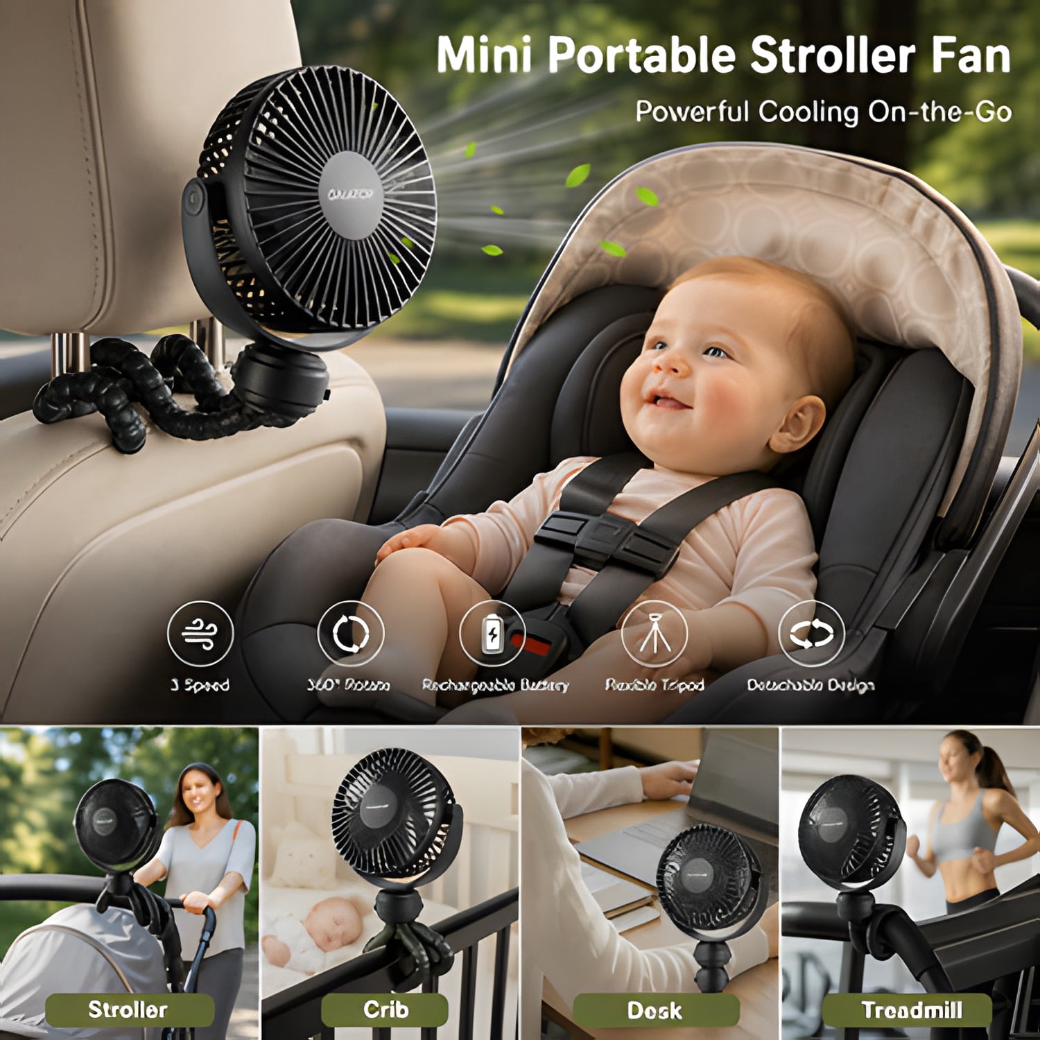Mini Portable Stroller Fan, Battery Operated Small Clip on, Detachable 3 Speed Rechargeable, 360° Rotate Flexible Tripod Better Cooling for Car Seat Crib Treadmill