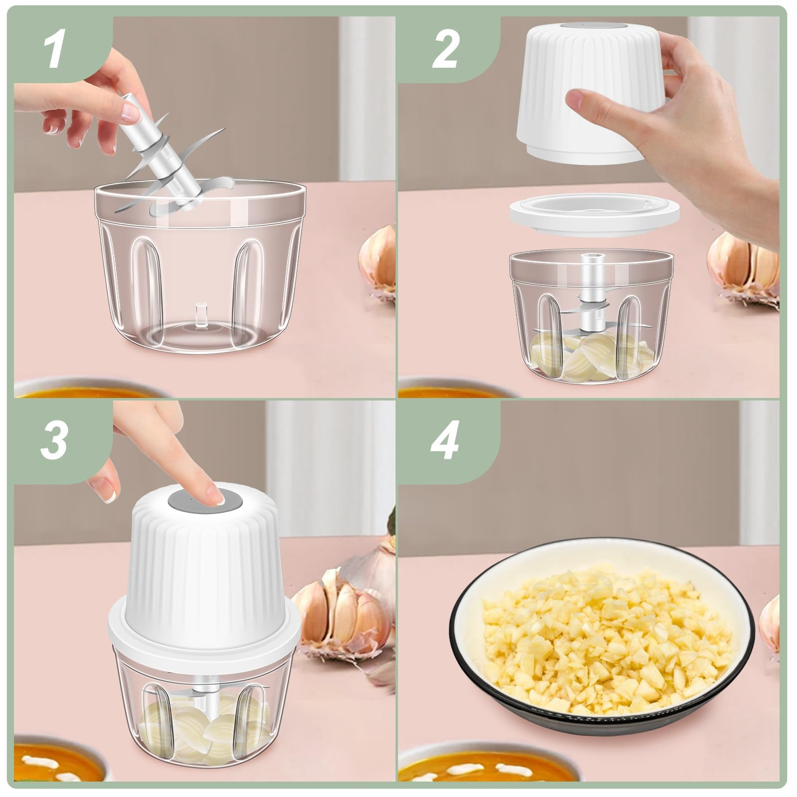 Electric Garlic Chopper 250ML, Mini Vegetable Chopper 2 in 1 Food Chopper Garlic Mincer with Egg Beater, Onion Chopper, USB Portable Small Food Processor for Veggie, Garlic, Ginger, Chili