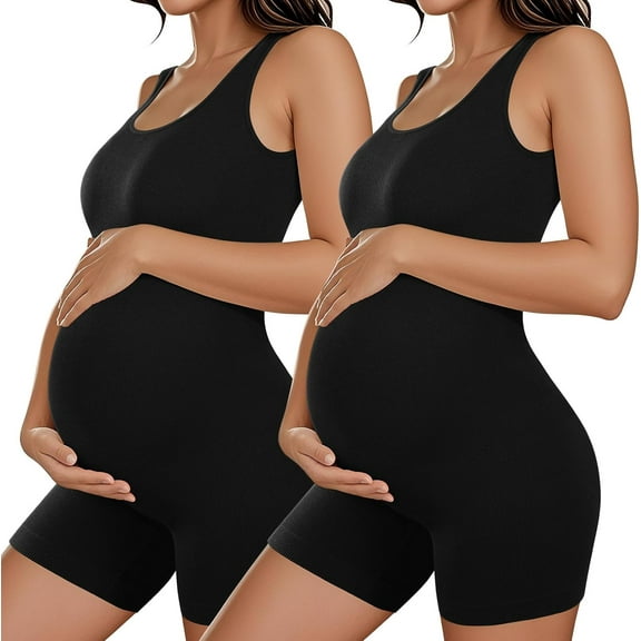 Lsupdaol 1 Pcs Women Maternity Bodysuit Pregnancy Shapewear Sleeveless Tank Top Shorts Jumpsuit Ribbed Maternity Workout Romper