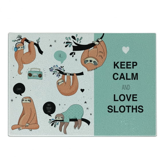 Animal Cutting Board, Lazy Sleepy Bear Tribe of Australian Sloths Keep Calm Words Cartoon Priint, Decorative Tempered Glass Cutting and Serving Board, Small Size, Multicolor, by Ambesonne