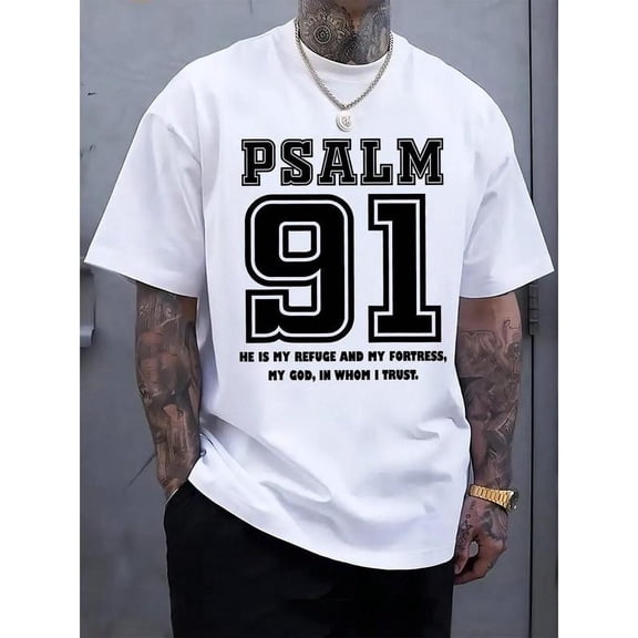 Men's Psalm 91 Religious Graphic T-Shirt Black With White Inspirational Bible