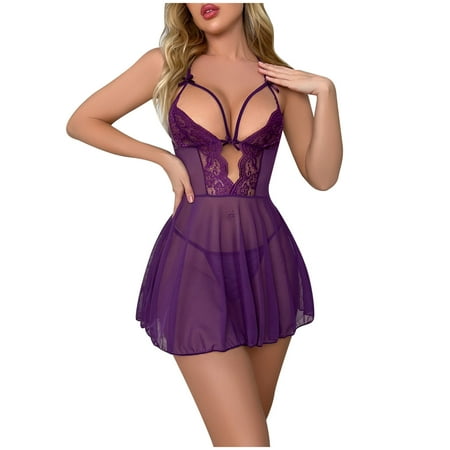 

Valentine s Day Deals! SuoKom Lingerie for Women Ladies Fashion Sexy Lingerie Fishnets Lace Flowers Hollow Sexy Halter Neck Mesh Thong Suit Valentine s Day Gifts for Women on Clearance Purple L