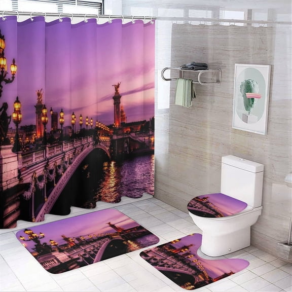 4 Piece Shower Curtain Sets France Paris Non-Slip Rugs And Toilet Mat Lid Rug Accessories Nature Landscape Bathroom Shower Curtains Sets for Bathtub Decor 72inch X 72inch