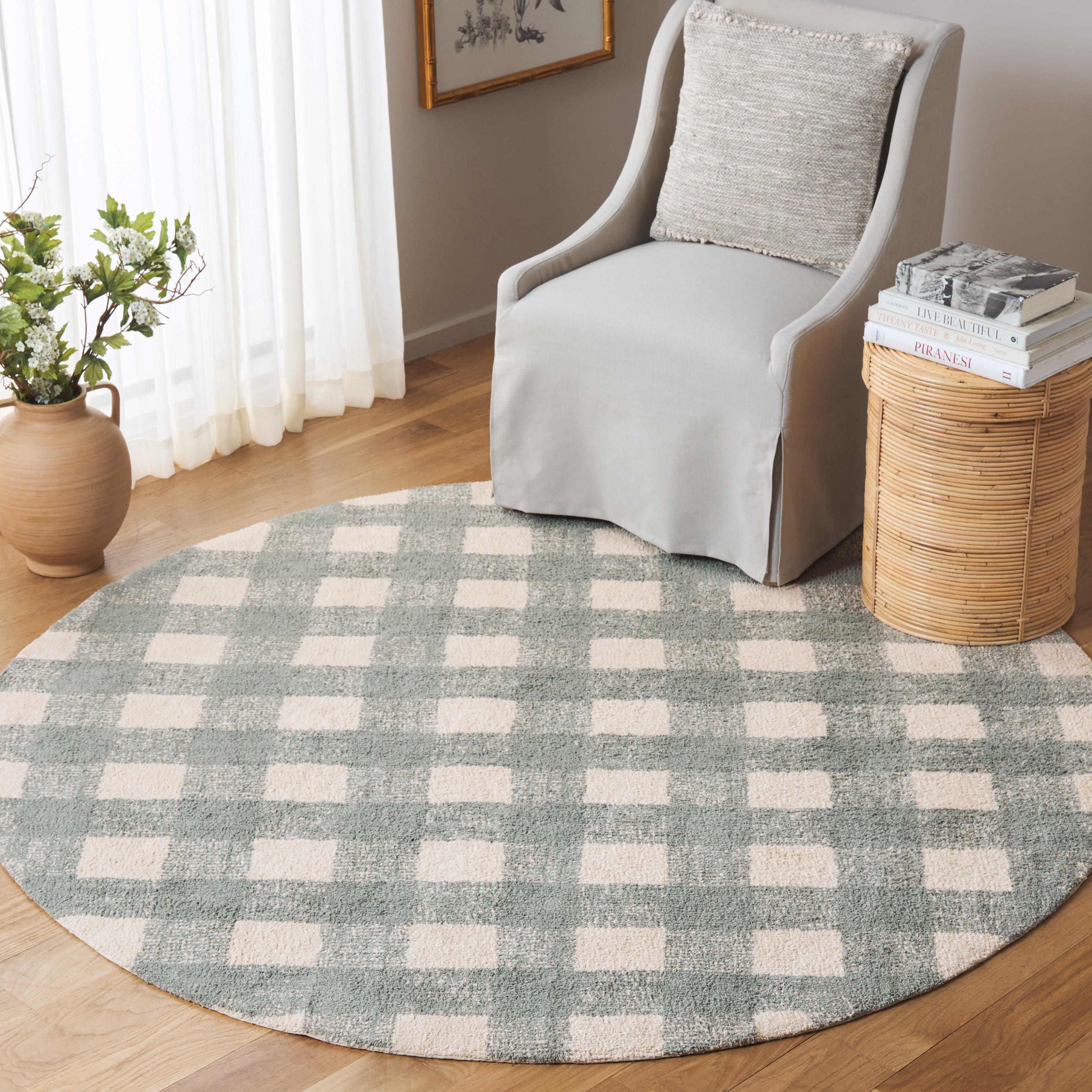 SAFAVIEH Easy Care Maggie Plaid Area Rug, Ivory/Teal, 6' x 6' Round