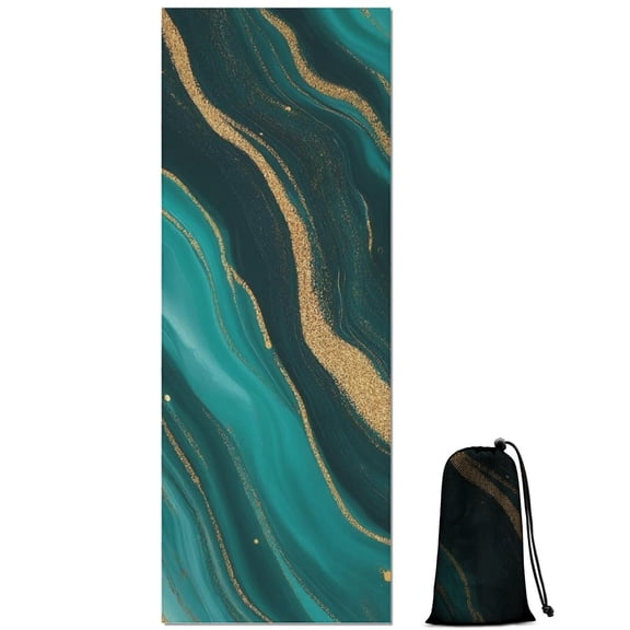 Teal Gold Marble Wave Dot Pattern Hot Yoga Mat Towel Non Slip for Hot Yoga - Quick-Drying Yoga Mat Cover with 4 Corner Pockets with Travel Bag - Hot Yoga Towel Non Slip 70"x26"