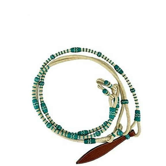 Showman Natural & Teal Braided Rawhide Romal Reins w/ Leather Popper