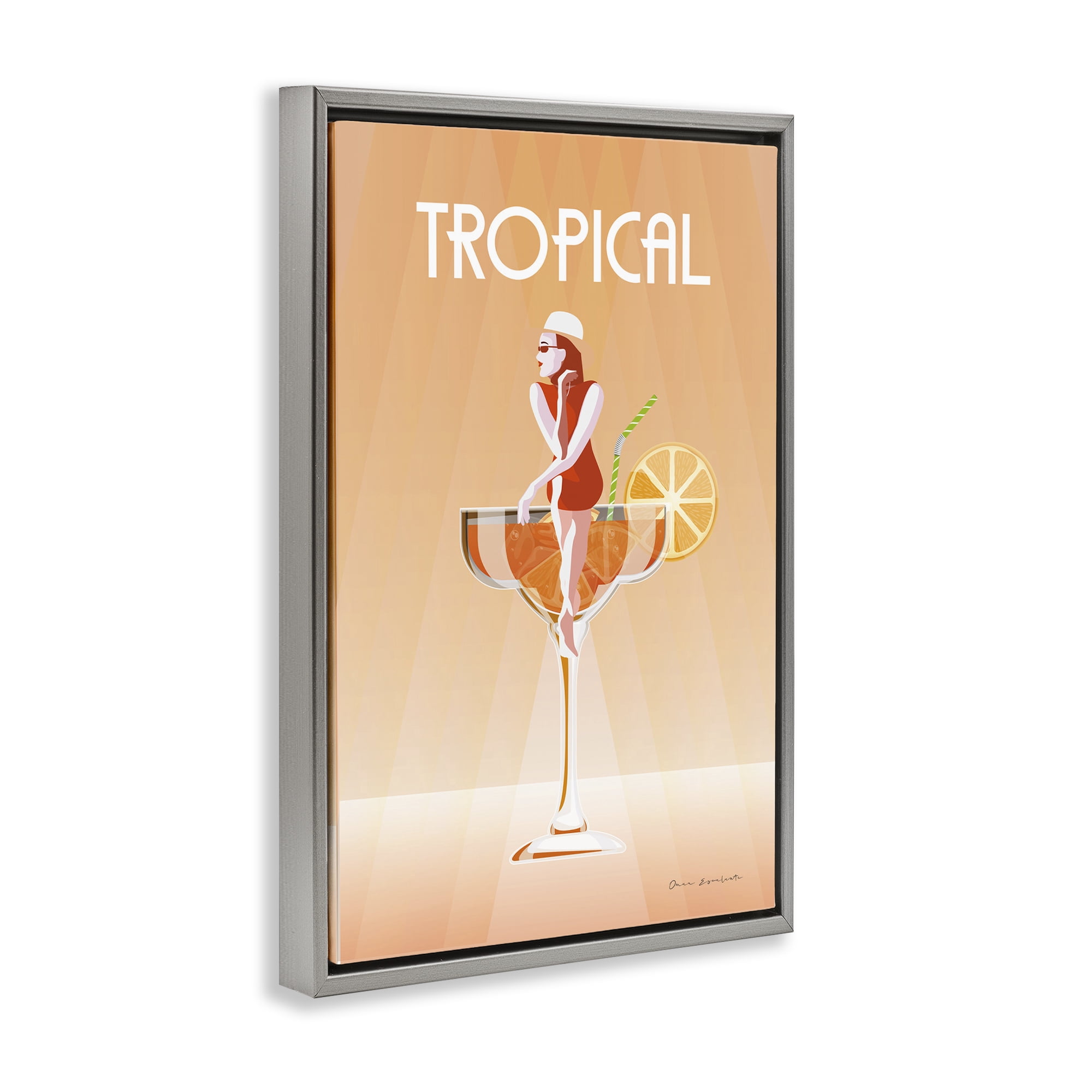 Stupell Industries Tropical Drink Girl Food & Beverage Painting Gray Floater Framed Art Print Wall Art, 21 x 31