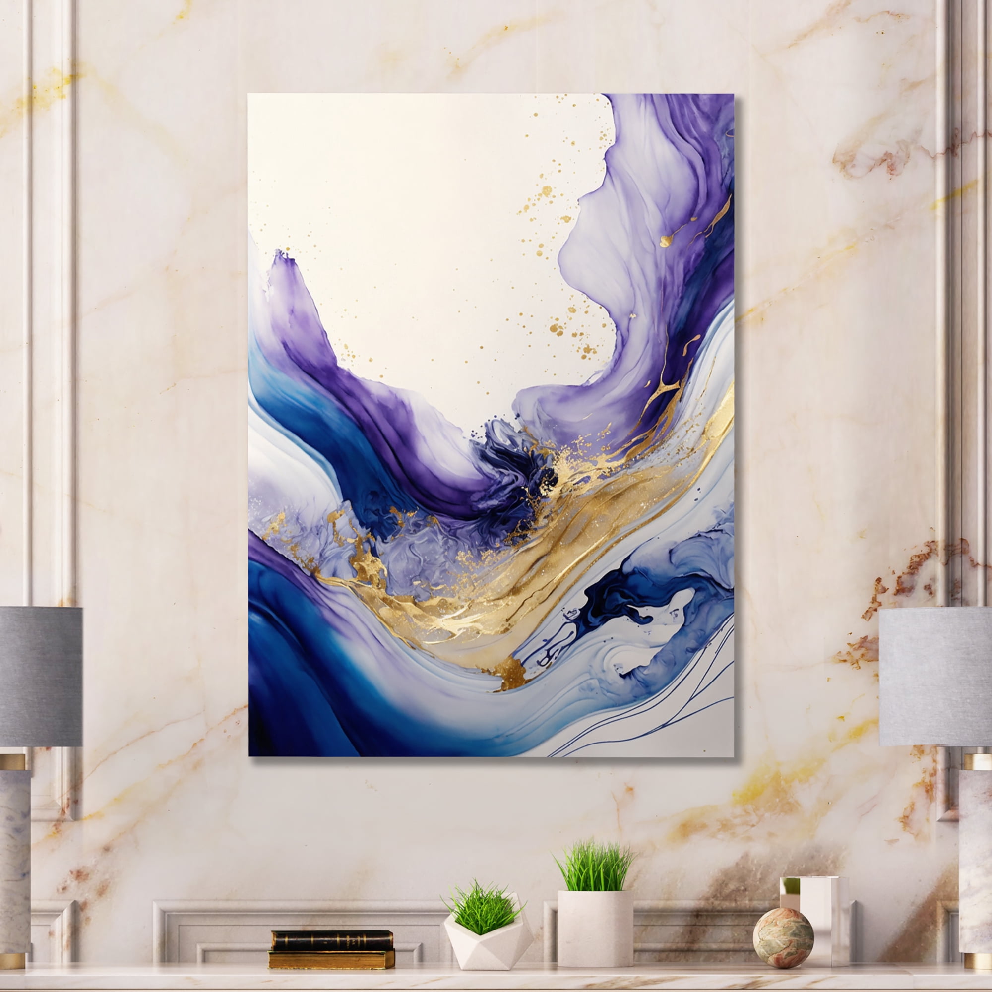 Designart Blue, Gold And Purple Splash Paint I Canvas Wall Art