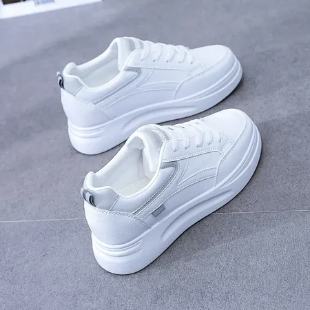 

Ladies Casual Sneakers Thick Sole Lace-up White Shoes Skate Shoes 6cm Inner Height