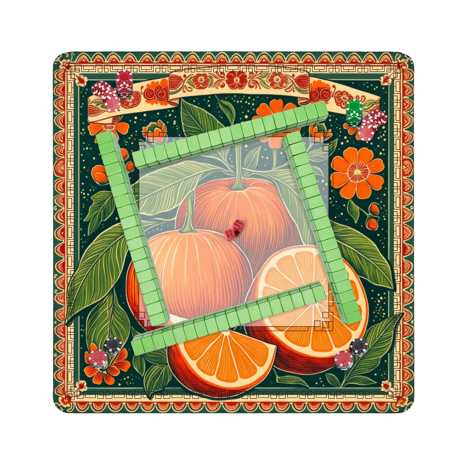 Mahjong Mat 31.5" x 31.5" Vintage Orange Fruit Leaves Flowers Retro Botanical Style Non-Slip Noise Reduction American Mahjong Tiles Table Cover for Dominoes Poker Card Board Games Gift