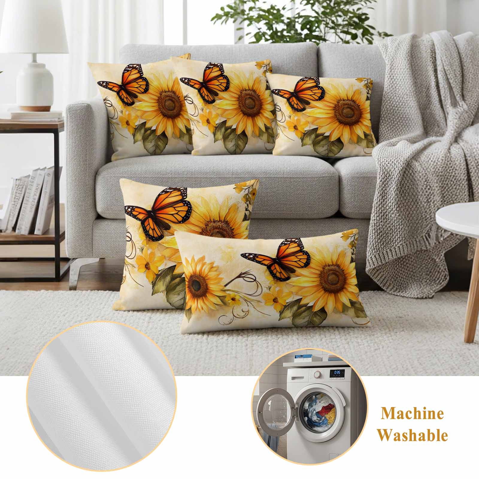 Pack of 2 Outdoor Pillow Covers 18x18 Inch Waterproof Sunflower Throw Pillow Covers, Decorative Couch Pillow Case Sham Butterfly Spring Floral Retro Pillowcases Cushion Covers for Patio Garden