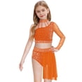 thumbnail image 3 of Aiihoo Kids Girls Gymnastics Ballet Lyrical Dance Outfit Sheer Mesh Shiny Rhinestone Crop Top with Irregular Skirt Orange 16, 3 of 5