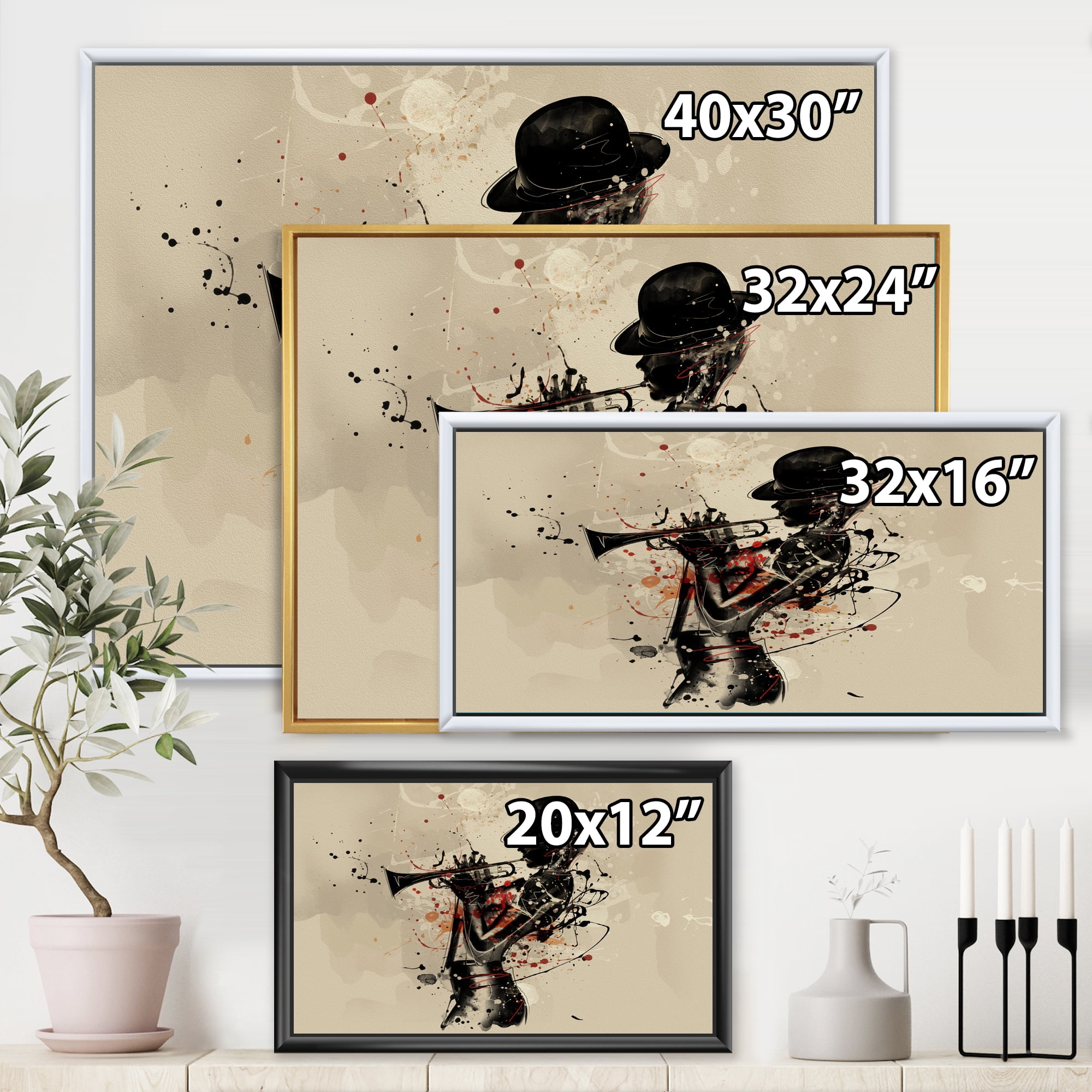 Designart 'Girl Playing Jazz Trumpet' Modern Framed Canvas Wall Art Print