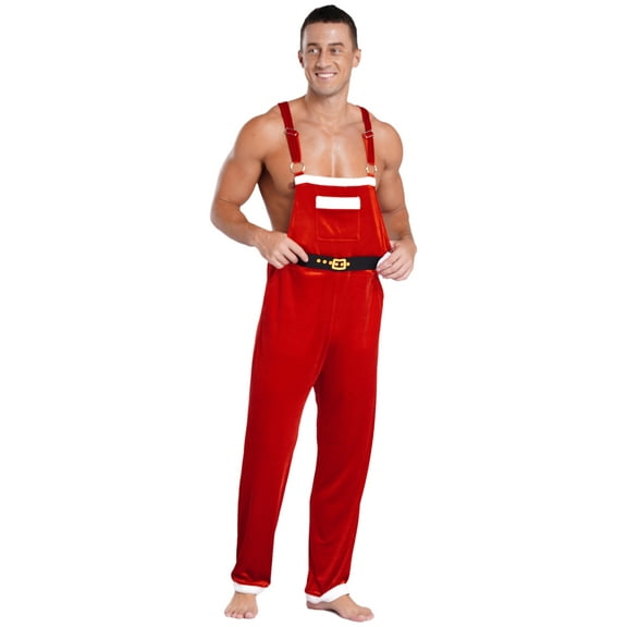 Aislor Men's Christmas Santa Claus Costume Flannel Jumpsuit Overalls One Piece Rompers Red 3XL