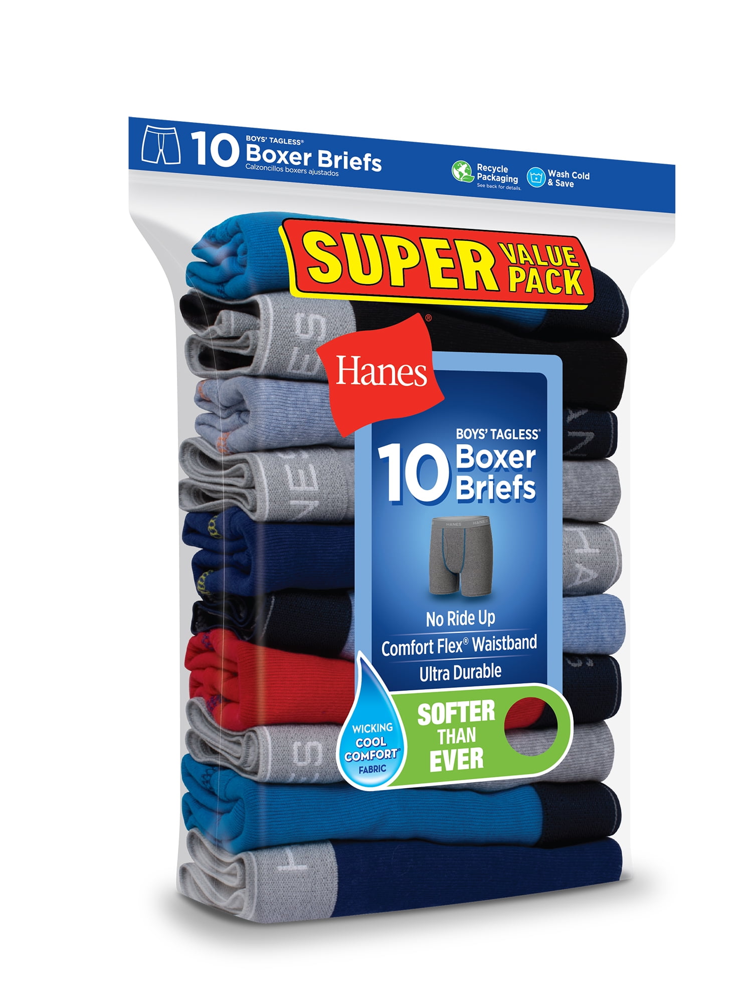 10-Pack Hanes Boys Tagless ComfortFlex Waistband Boxer Briefs Sizes 6/8-18/20